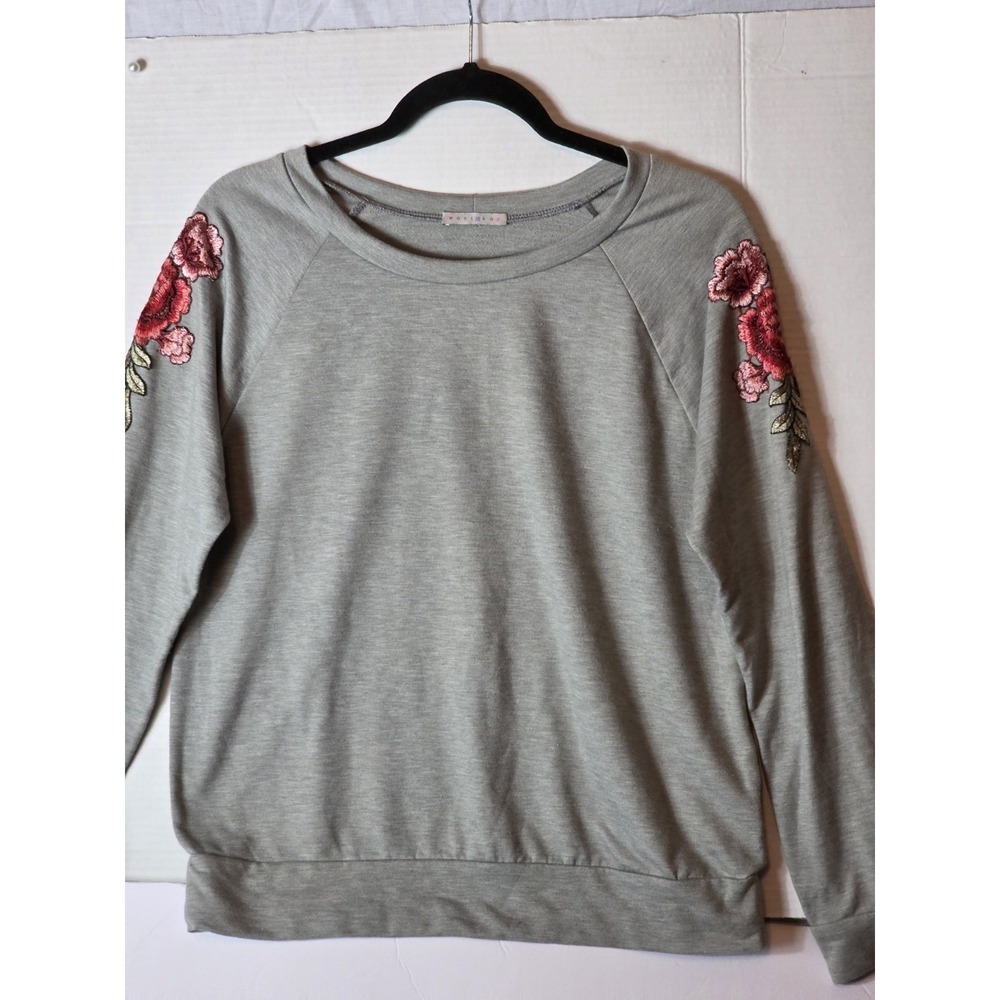 West Kei Gray Floral Embroidered Raglan Crewneck Pullover Sweatshirt M TU37035 - Picture 8 of 10